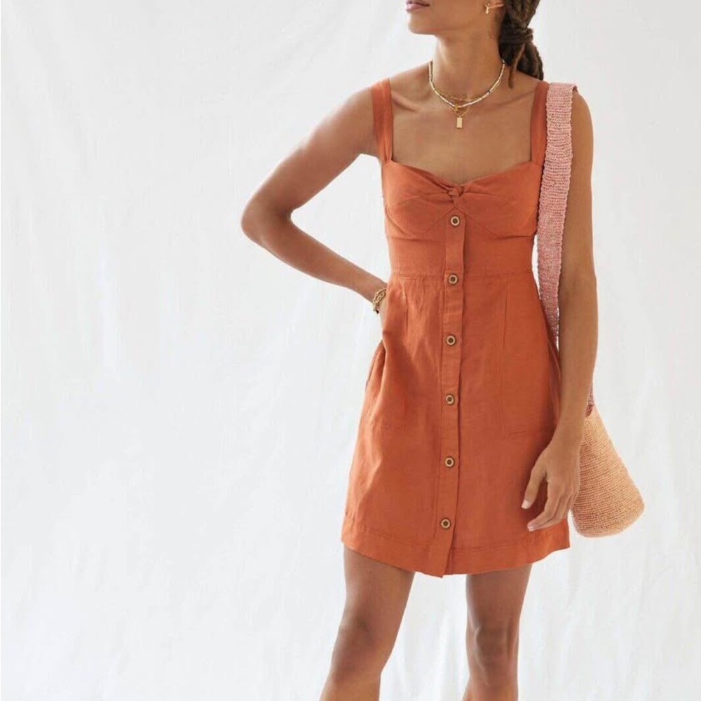 Maeve Anthropologie Twist Front Mini Linen Dress - Rust Orange - Size XS